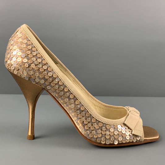 PRADA Size 6.5 Taupe Silk Sequined Peep Toe Pumps