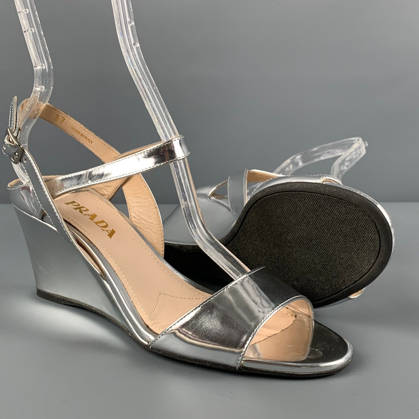 PRADA Size 7 Silver Metallic Slingback Wedges