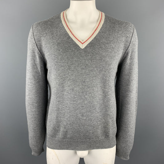 PRADA Size L Gray Wool V-Neck Beige Trim Elbow Patch Pullover Sweater