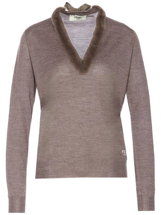 Fendi V-Neck Knit Top Grey