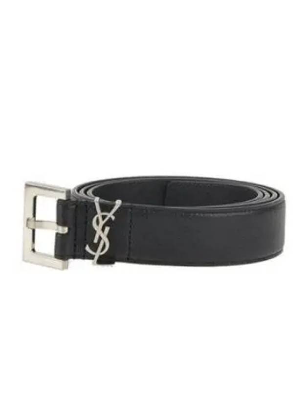 Saint Laurent Silver Hardware Monogram Buckle Leather Belt Black