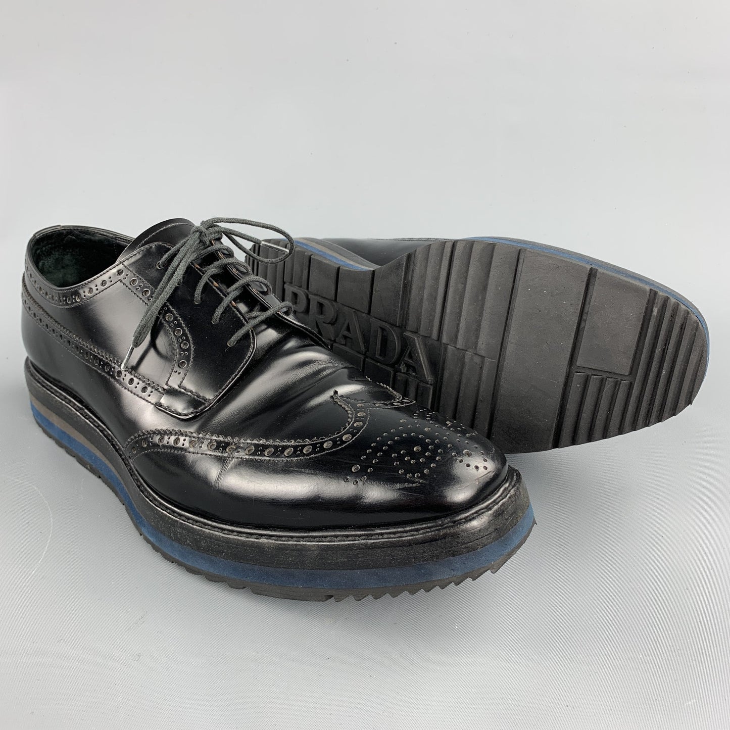 PRADA Size 10.5 Black Perforated Leather Platform Lace Up Shoes