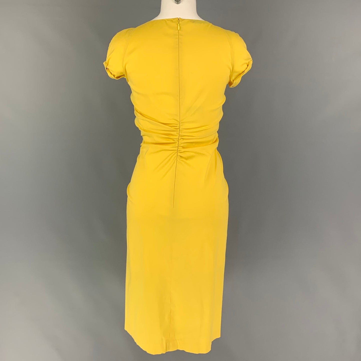 PRADA Size 4 Yellow Cotton Blend Ruched Short Sleeve Dress