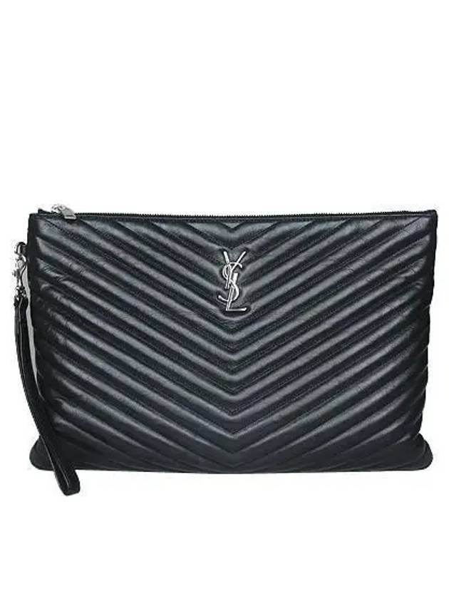 Saint Laurent 440222 YSL silver logo black lambskin matelass strap clutch bag