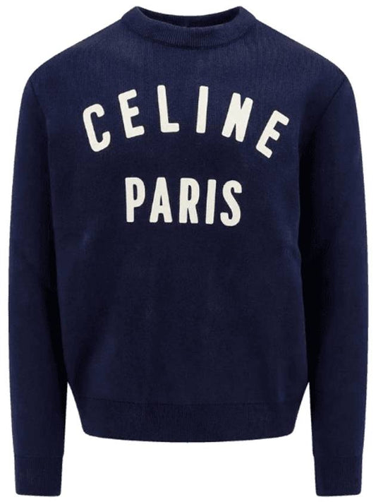 CELINE Logo Print Crew Neck Cotton Knit Top Navy