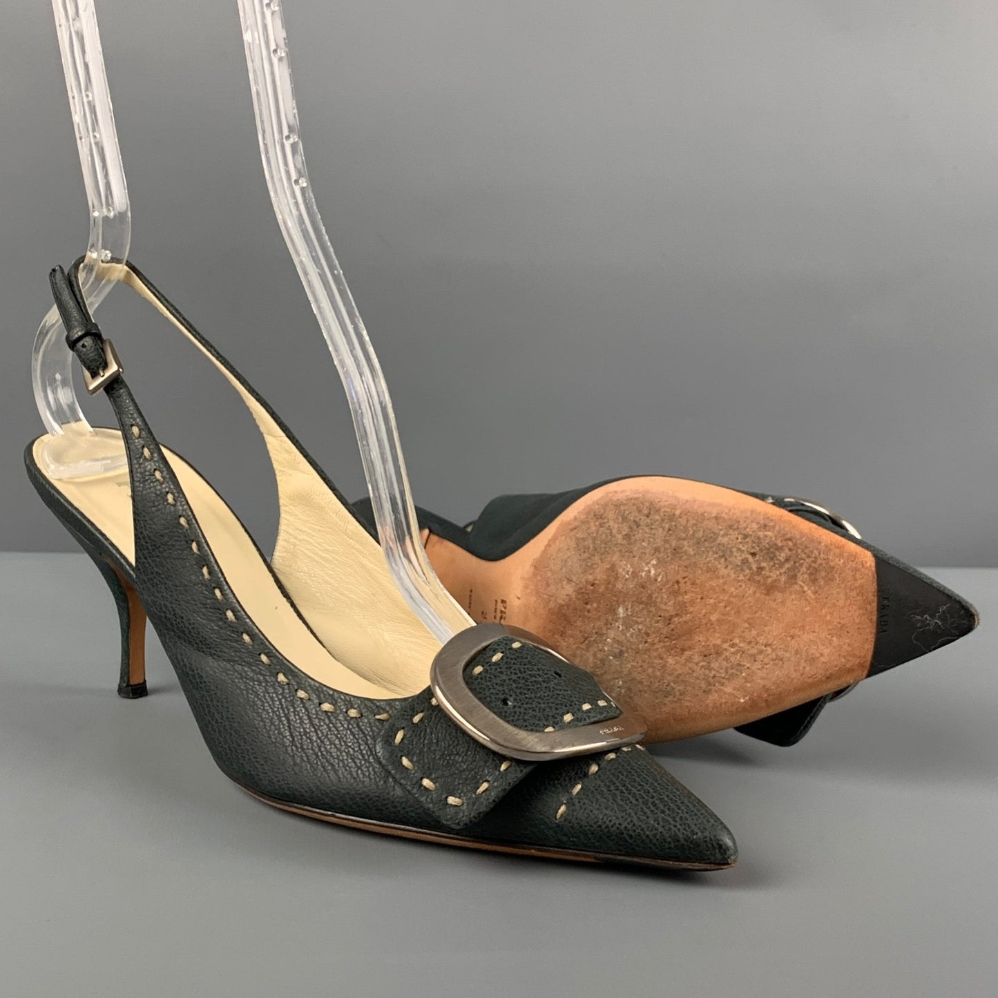 PRADA Size 7 Navy Leather Buckle Slingback Pumps