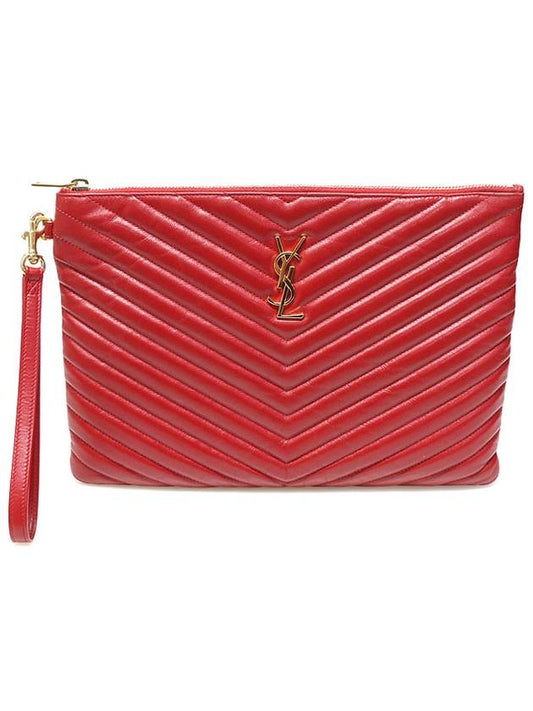 Saint Laurent 559193 Red Matelasse Quilted Calfskin Gold Monogram Tablet New Medium Pouch Clutch