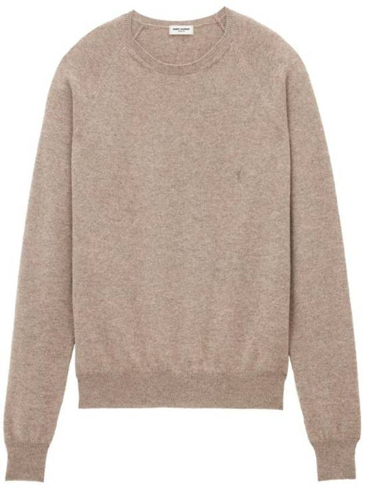 Saint Laurent Cassandre crew neck long sleeve knit top beige