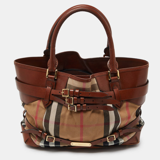 Burberry Beige/brown House Check Canvas And Leather Medium Bridle Lynher Tote
