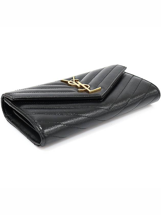 Saint Laurent 372264 Black Grande Poudre Textured Matelasse Large Monogram Gold Flap Long Wallet