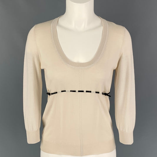 PRADA Size 4 Cream Black Wool Silk Patent Leather Pullover