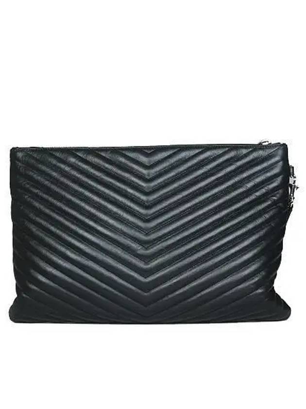 Saint Laurent 440222 YSL silver logo black lambskin matelass strap clutch bag