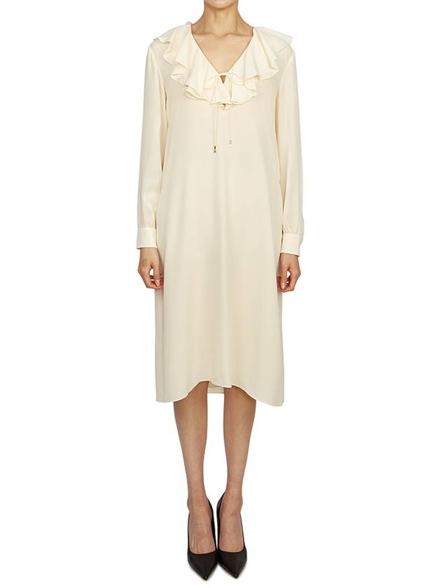 CELINE Jabot Lightweight Silk Sable Midi Dress Cream