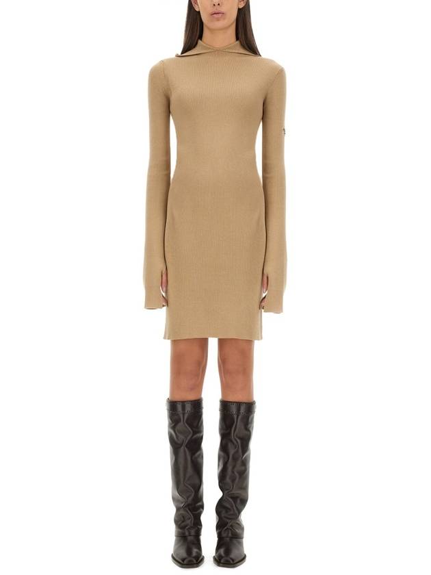 Fendi Long Sleeve Hooded Wool Silk Short Dress Beige