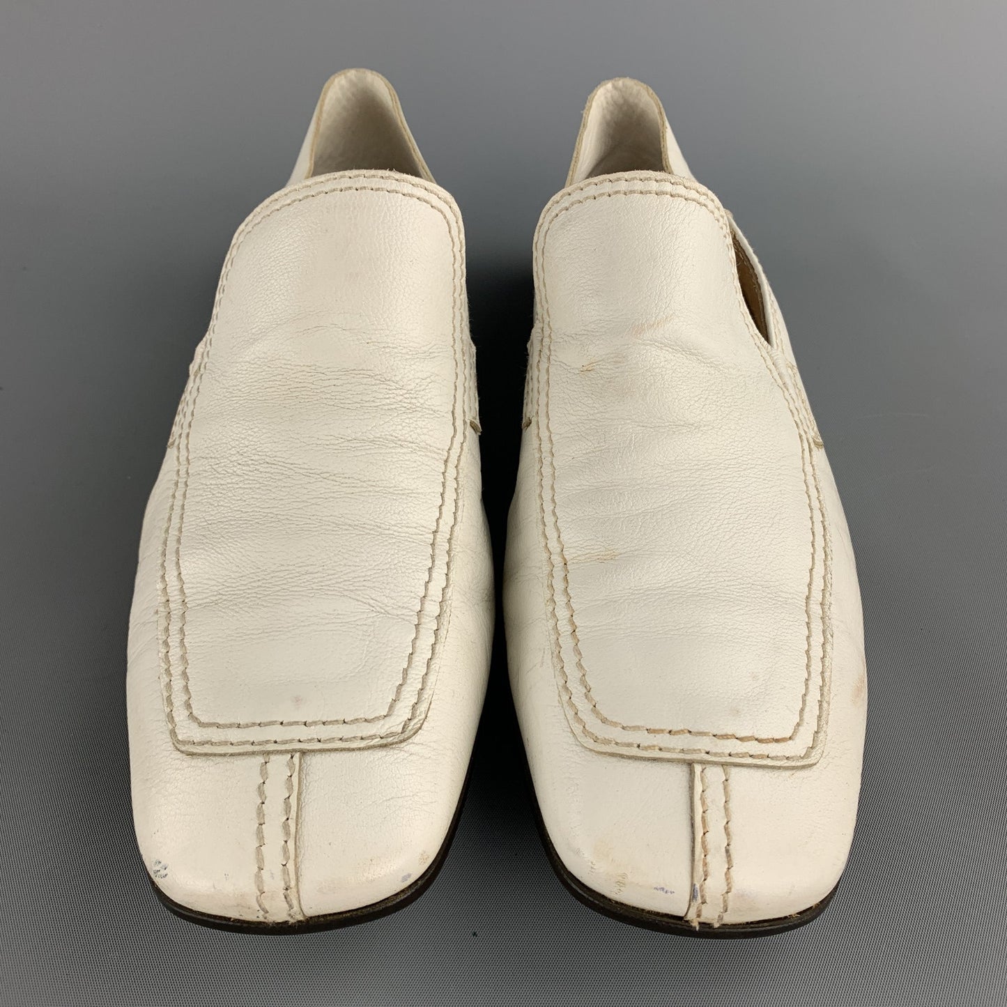 PRADA Size 10.5 White Leather Split Toe Loafers