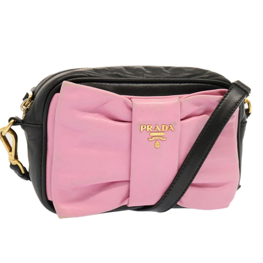 PRADA Ribbon Shoulder Bag Leather Pink Black  am6034