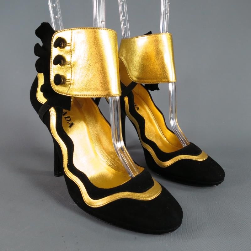 PRADA Spring 2008 Size 6 Black & Gold Suede Ankle Ruffle Cuff Metallic Pumps