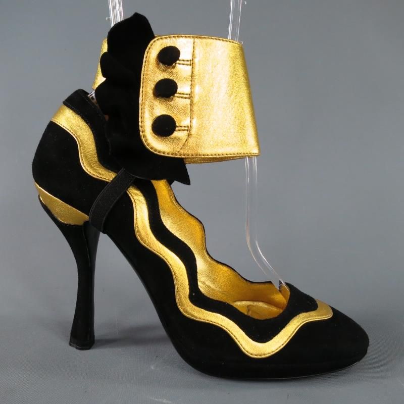 PRADA Spring 2008 Size 6 Black & Gold Suede Ankle Ruffle Cuff Metallic Pumps