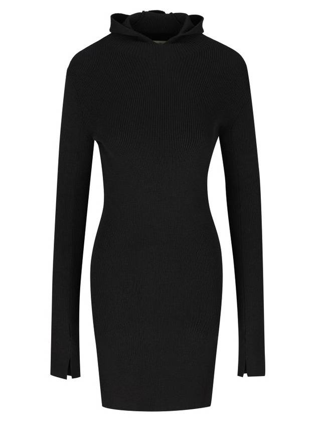 Fendi Long Sleeve Hooded Wool Silk Short Dress Black