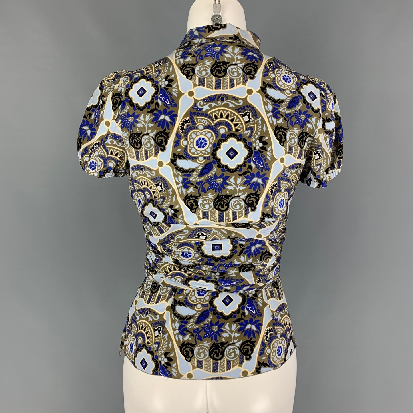 PRADA Size 4 Light Blue Olive Silk Abstract Short Sleeve Blouse