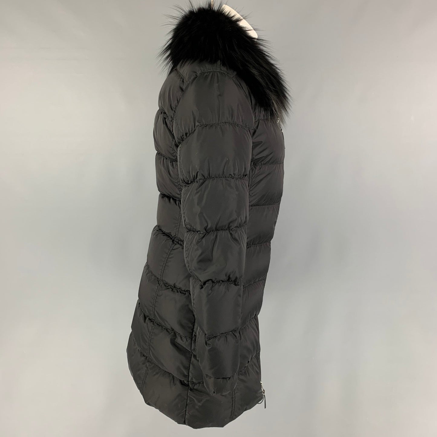 PRADA Size 2 Black Nylon Fox Collar Coat