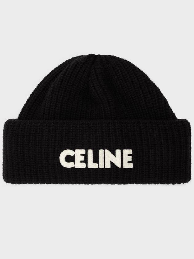 CELINE Logo Ribbed Wool Beanie Black
