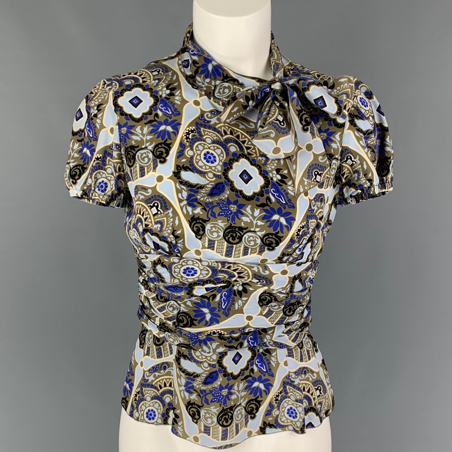 PRADA Size 4 Light Blue Olive Silk Abstract Short Sleeve Blouse