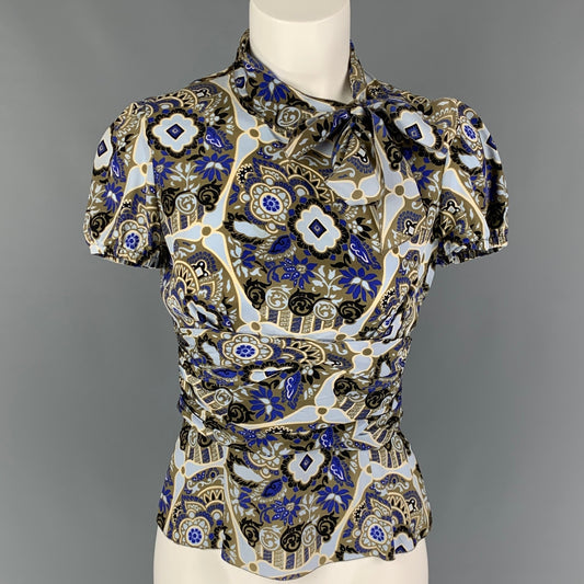 PRADA Size 4 Light Blue Olive Silk Abstract Short Sleeve Blouse