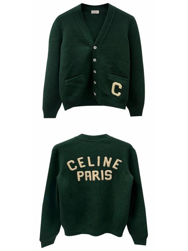 CELINE Paris Logo Patch Wool Cardigan Forest