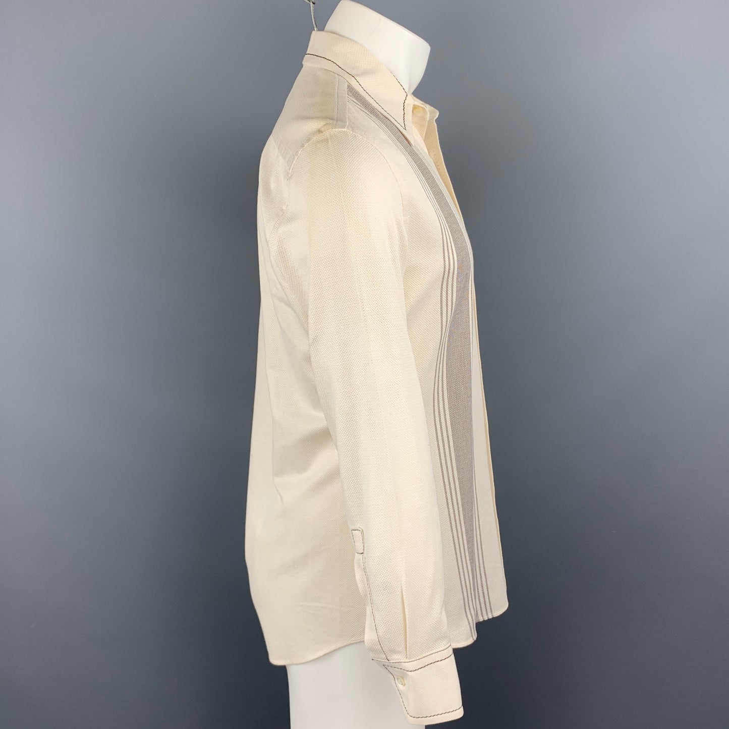 PRADA Size S Cream Stripe Cotton Patch Pocket Long Sleeve Shirt