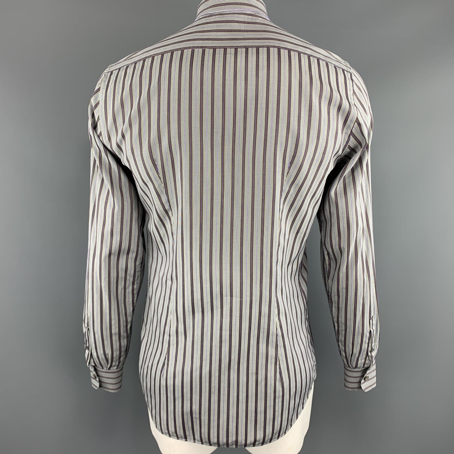 PRADA Size L Gray Brown Green & Purple Stripe Cotton  Long Sleeve Shirt