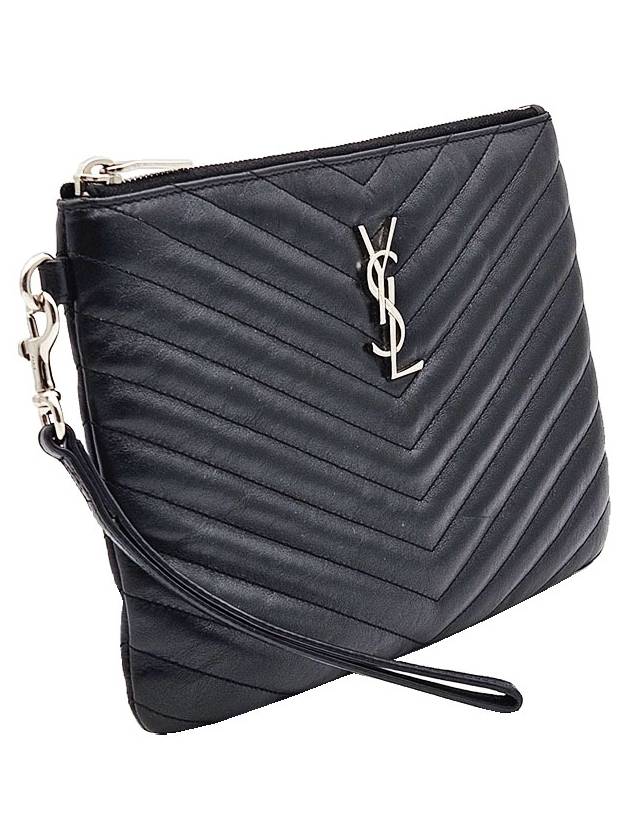 Saint Laurent Saint Laurent 379039 Black Matelasse Silver Monogram Strap Pouch Clutch Bag