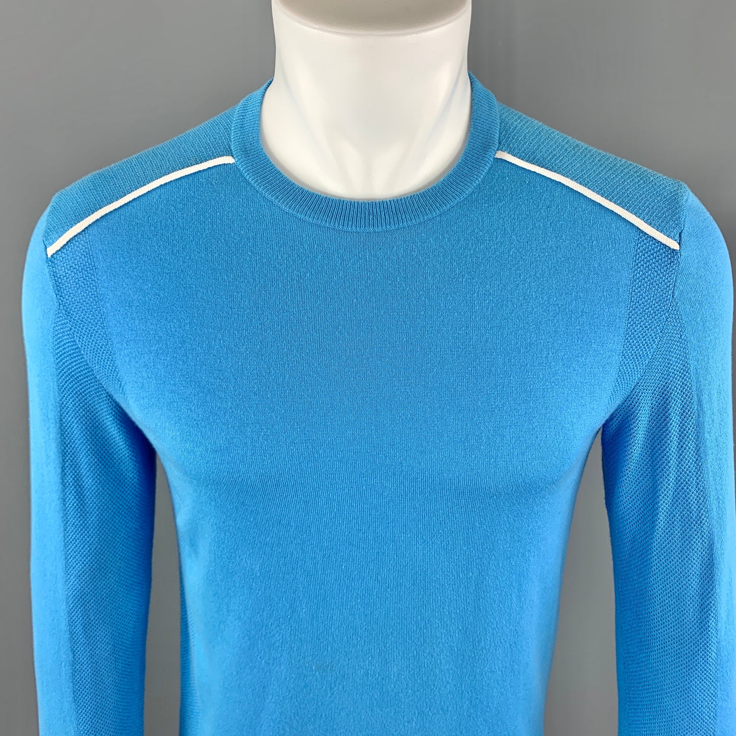 PRADA Size XS Aqua Cotton Crew-Neck White Trim Pullover Sweater