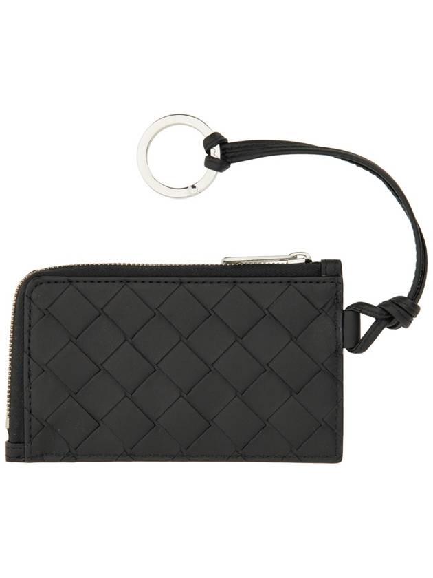 Bottega Veneta Intrecciato L Zipper Leather Card Wallet Black