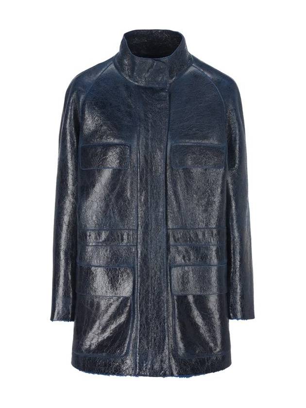 Fendi High Neck Leather Jacket Dark Blue
