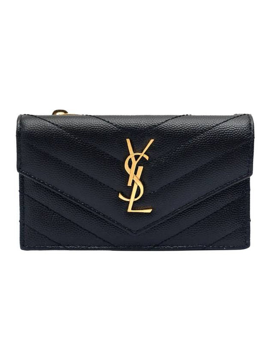 Saint Laurent Cassandre Matelasse Fragment Emboss Leather Flap Card Wallet Black