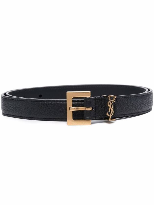 Saint Laurent Cassandre Grained Leather Square Buckle Thin Belt Black