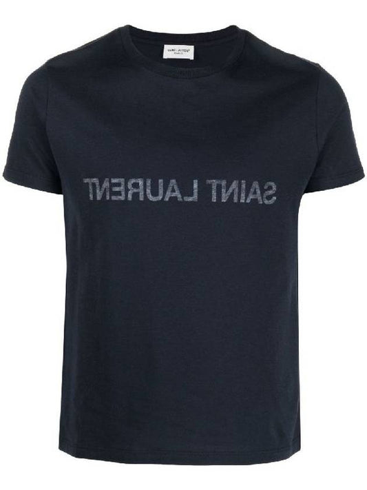 Saint Laurent Reverse Logo Print Cotton Short Sleeve T-Shirt Navy