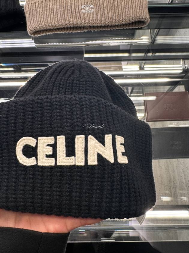 CELINE Logo Ribbed Wool Beanie Black