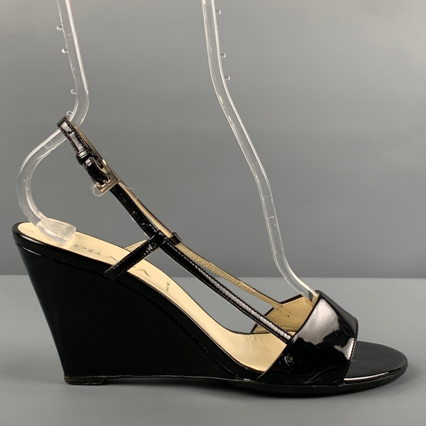PRADA Size 6.5 Black Patent Leather Slingback Wedges
