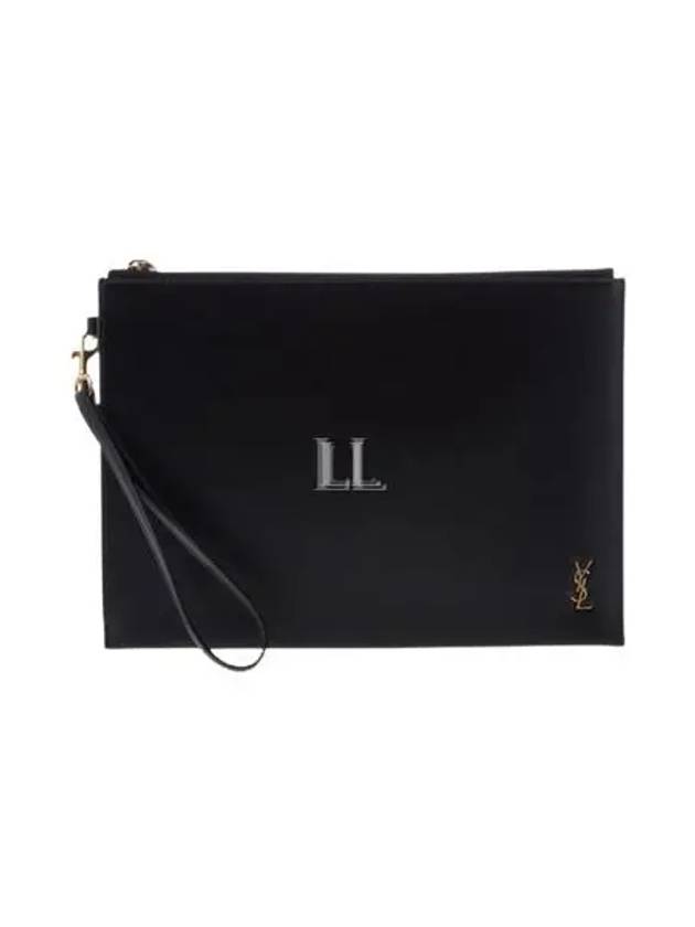 Saint Laurent Tiny Cassandre Shiny Leather Zip Tablet Clutch Bag Black