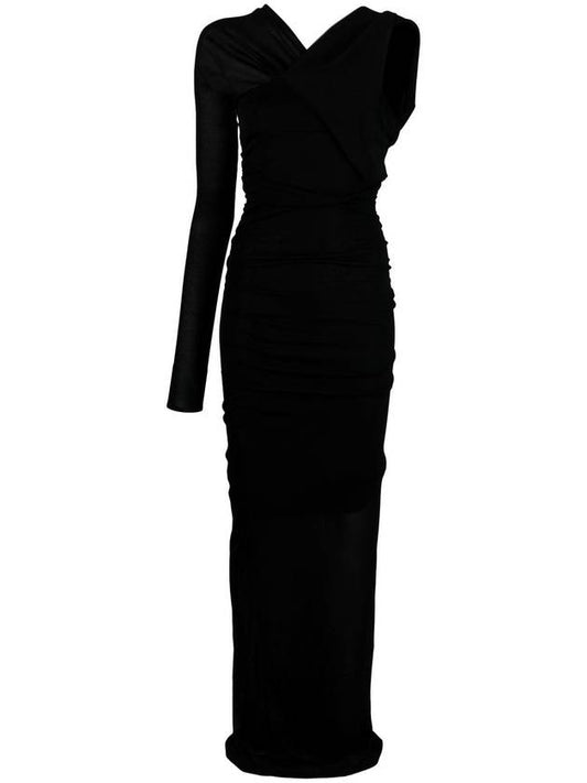 Saint Laurent One Shoulder Drape Maxi Viscose Long Dress Black