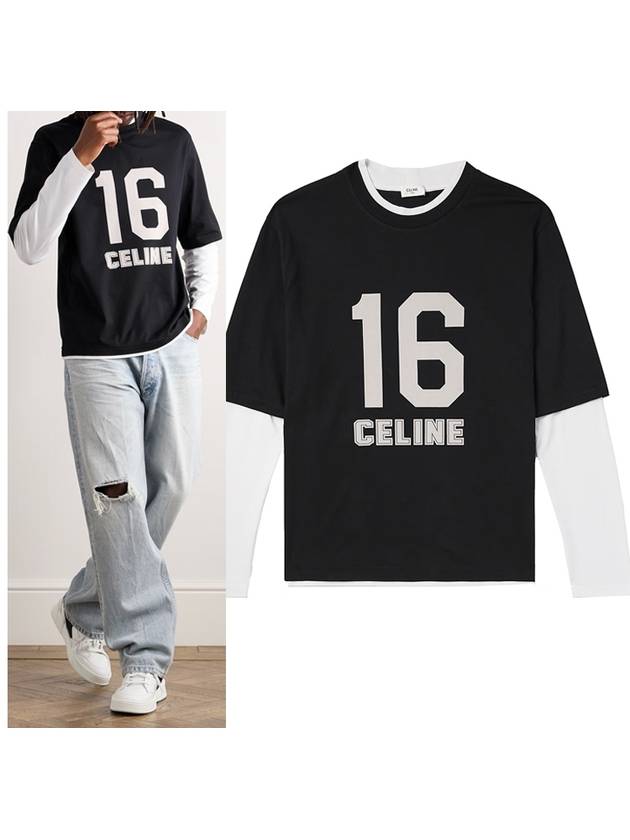 CELINE 16 Cracked Effect Print Layered Long Sleeve T-Shirt Black