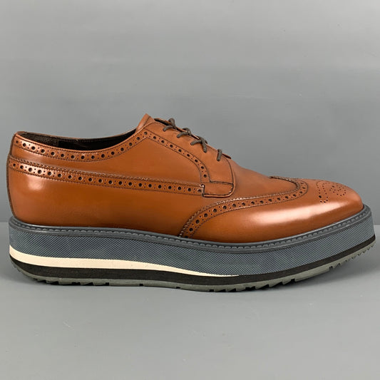 PRADA Size 9.5 Tan Grey Perforated Leather Platform Lace Up Shoes