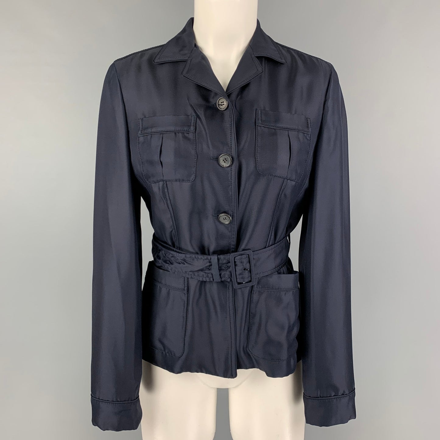 PRADA Size 4 Navy Silk Single Breasted Belted Jacket