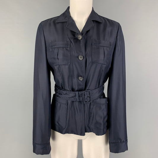 PRADA Size 4 Navy Silk Single Breasted Belted Jacket