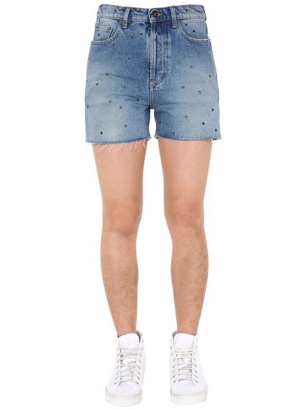 Saint Laurent Eyelet Stud Cotton Denim Shorts Blue