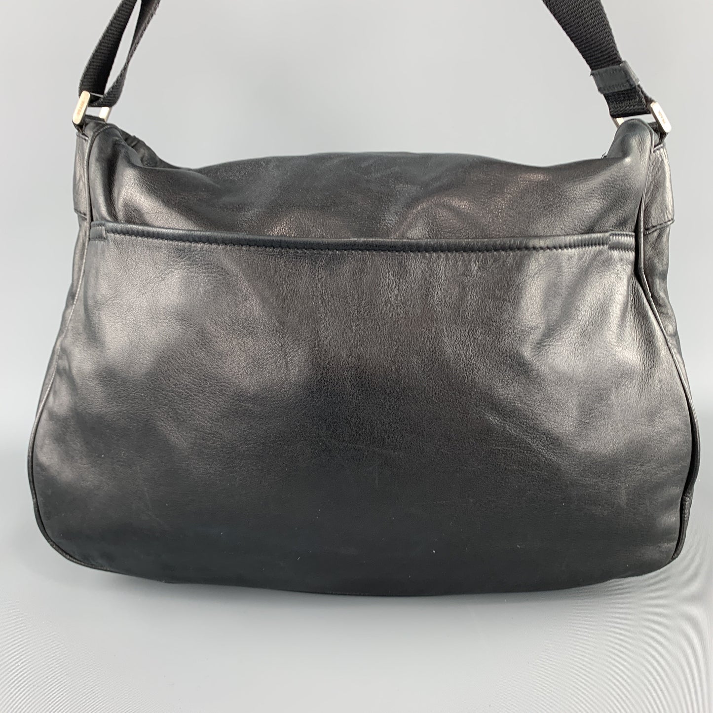 PRADA Black Leather Enamel Logo Crossbody Messenger Bag