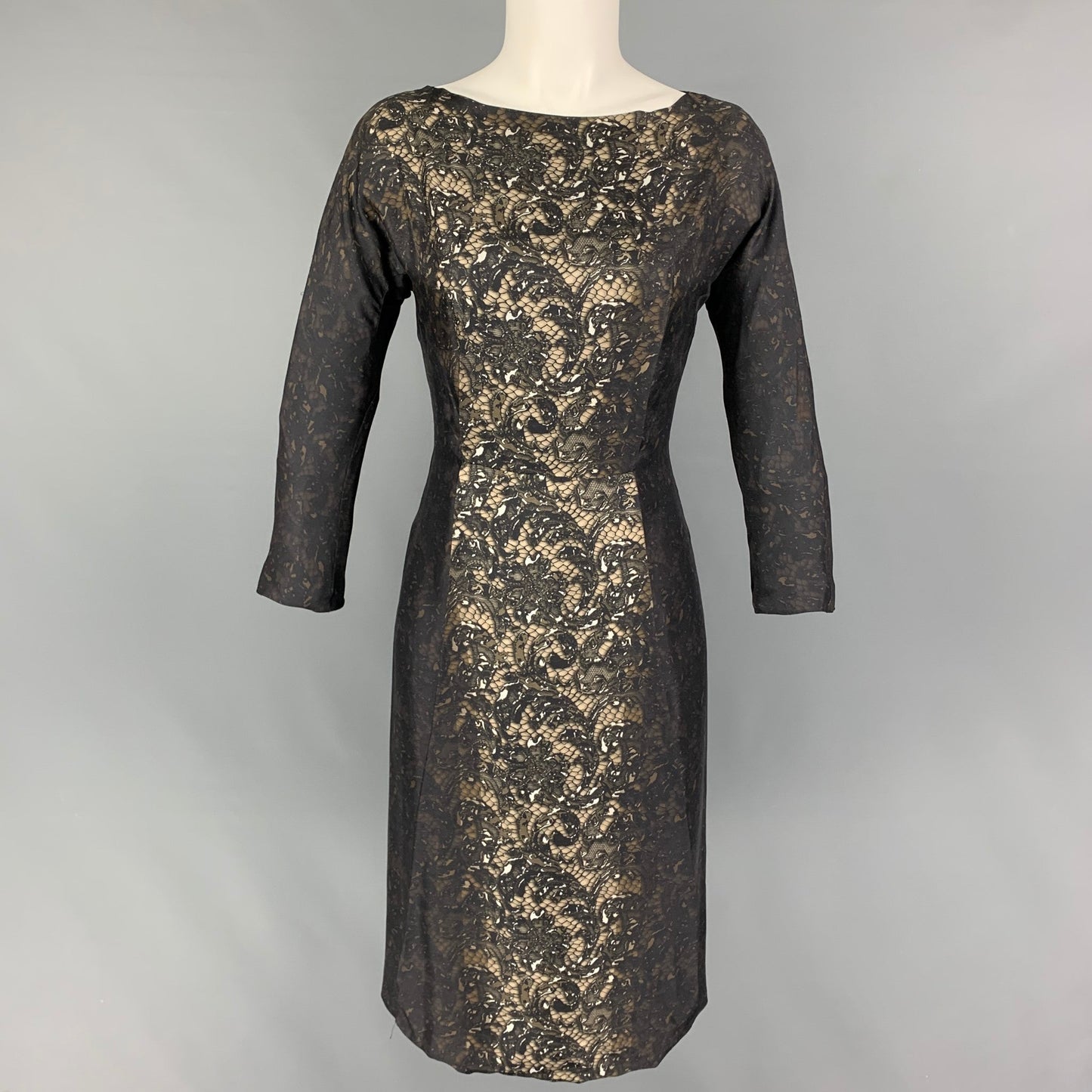 PRADA Size 2 Black Brown Silk Lace Print 3/4 Sleeves Dress