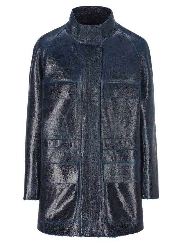 Fendi High Neck Leather Jacket Dark Blue